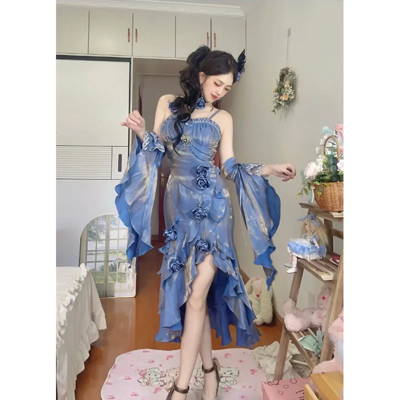Vintage Mermaid Spaghetti Straps Blue Long Summer 19th Birthday Dress Lolita Dresses Birthday Outfits DH2413 - Deanwangkt