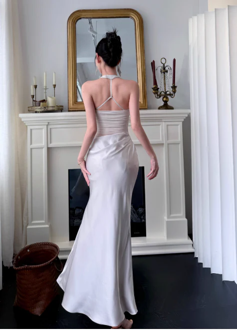 Elegant Halter Sheath Satin Long Evening Dresses, Pink Formal Dresses DP3146 - Deanwangkt