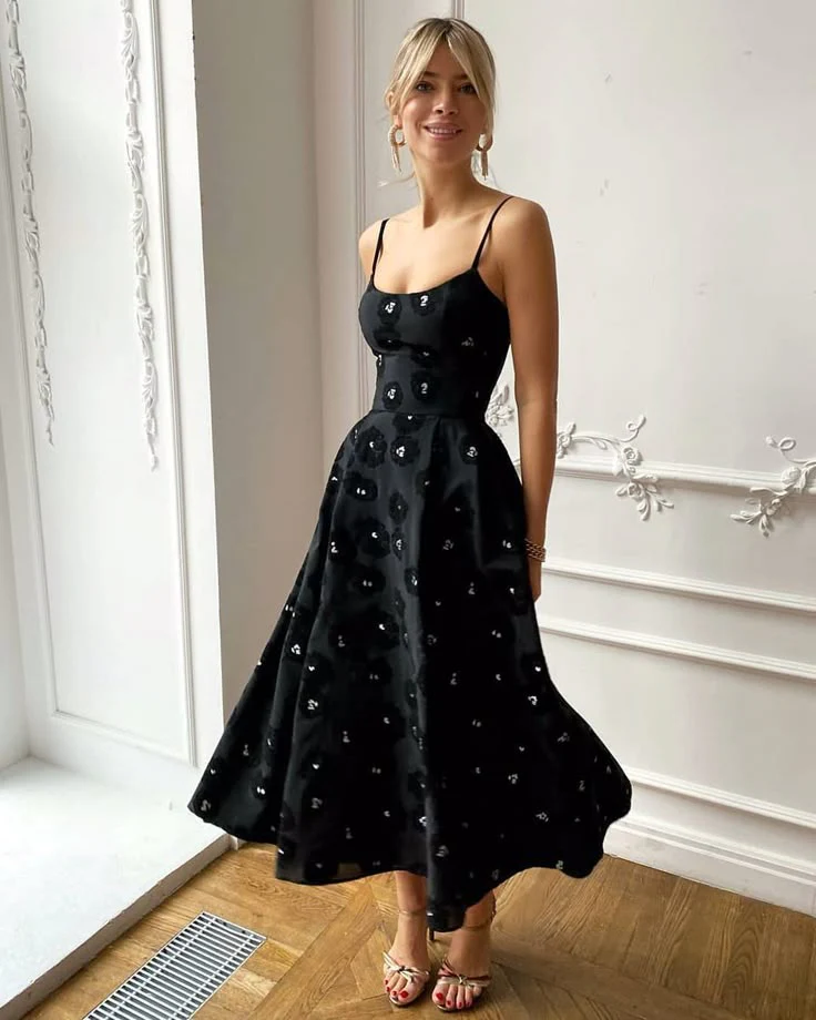 Elegant Wedding Guest Outfit A line Straps Black Satin Night Dresses Summer Wedding Guest Dresses Graduation Dresses DP729 - Deanwangkt