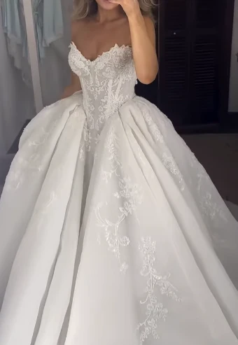 Princess Bridal Dress Ball Gown Sweetheart Sleeveless Satin White Lace Wedding Dresses Pretty Bridal Gowns DH936 - Deanwangkt