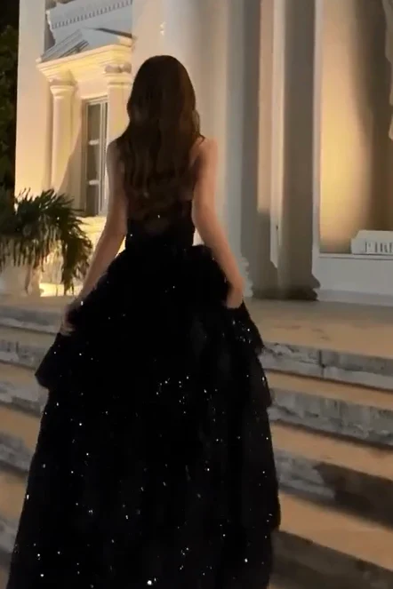 Sparkly Stunning Black Sequined Sleeveless Strapless Long Prom Dress with Split DP291 - Deanwangkt