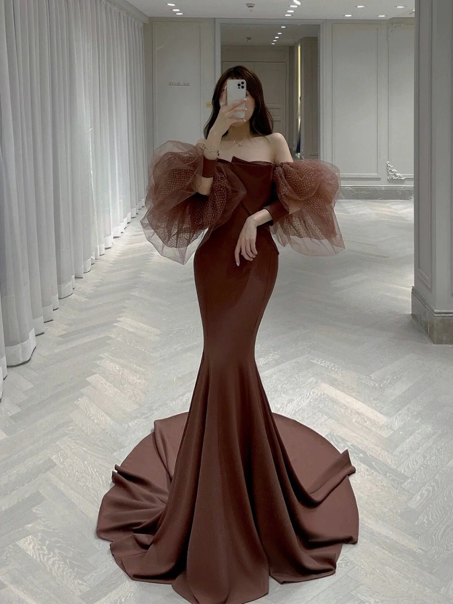 Classy Mermaid Off The Shoulder Satin Brown Evening Dress Long Prom Dresses H2885 - Deanwangkt