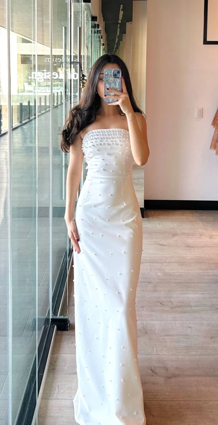 Simple Sheath Strapless Satin White Evening Party Gowns Evening Dress Special Formal Dresses Prom Dress DH2338 - Deanwangkt