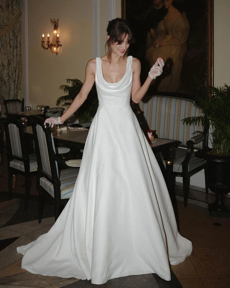 Simple Wedding Gown Bridal Dress A Line Square Satin Wedding Dress White Wedding Dresses Modest Wedding Gowns DH1791 - Deanwangkt