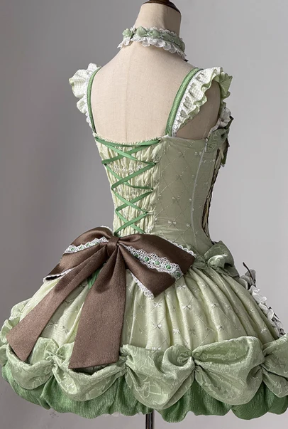 Princess Green Ball Gown Square Neck Satin Lace 22nd Birthday Dresses Lolita Dress Cute Lolita Outfits DP2830 - Deanwangkt