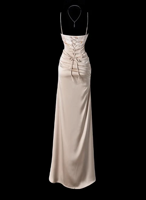 Chic Spaghetti Strap Sheath Wedding Guest Dress, Satin Champagne Formal Dresses DP3231 - Deanwangkt