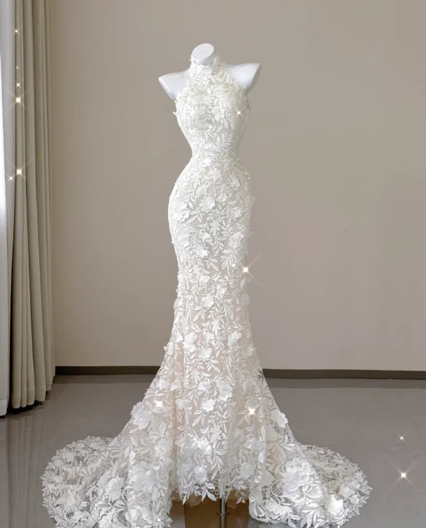Elegant Mermaid High Neckline White Lace Sleeveless Wedding Dresses Brides Dress P0012 - Deanwangkt