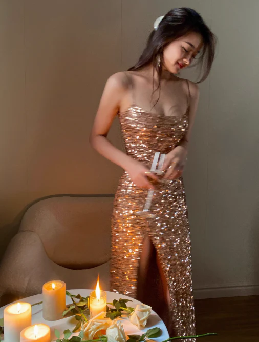 Sparkly Gold Spaghetti Strap Long Evening Gown Sheath 18th Birthday Dress Elegant Sequins Formal Dress Party Dress  DH2753 - Deanwangkt