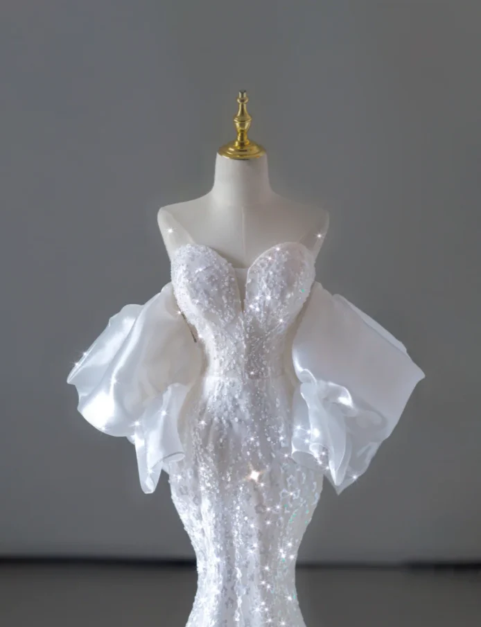 Dreamy Mermaid Off The Shoulder Sequin Long White Wedding Dresses Summer Brides Dress DP515 - Deanwangkt