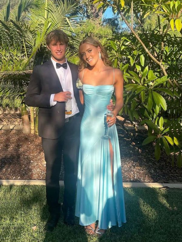 Elegant Blue Satin Mermaid Side Slit Long Evening Prom Dresses Sexy Prom Dress DP246 - Deanwangkt