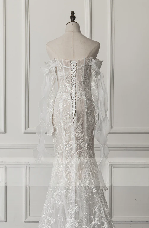 Simple Bridal Gown Mermaid Off The Shoulder White Long Sleeves Lace Wedding Dresses Elegant Bridal Gowns DH929 - Deanwangkt