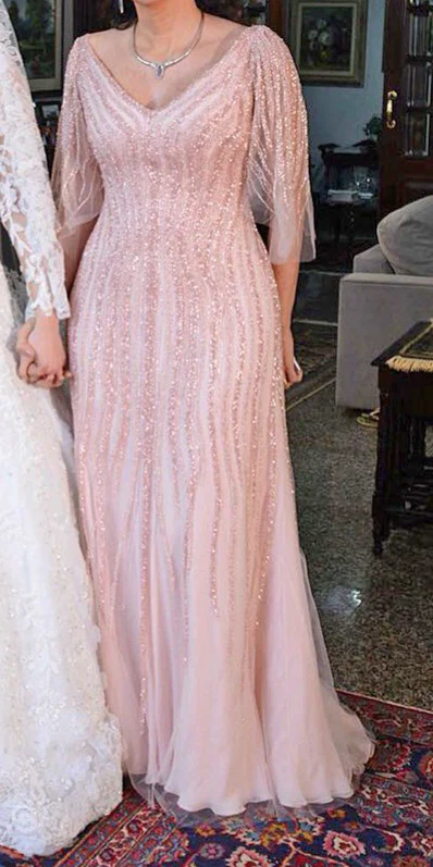 Elegant Sheath V-neck Mother of Bride Dress Tulle Sequin Evening Gown Floor Length For Summer Guest Outfit DP2787 - Deanwangkt