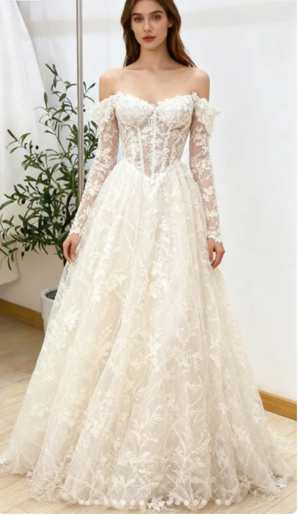 Timeless Bridal Gown Ball Gown Off The Shoulder White Lace Appliques Long Sleeves Wedding Dresses Elegant Bridal Gowns DH952 - Deanwangkt