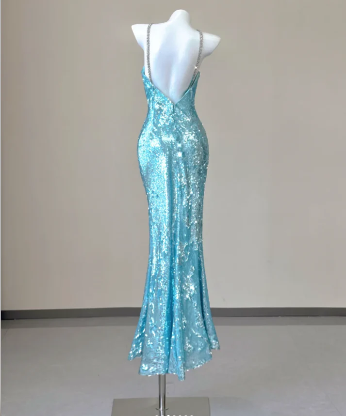 Classy Mermaid Spaghetti Straps Blue Sequin Evening Dress Long Prom Dresses P0005 - Deanwangkt