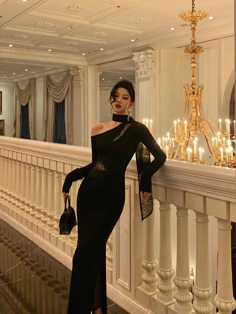 Classy Mermaid One Shoulder Black Long Sleeves 18th Birthday Dress Party Gown 21st Birthday Outfits Birthday Dress Ideas For Women DP571 - Deanwangkt