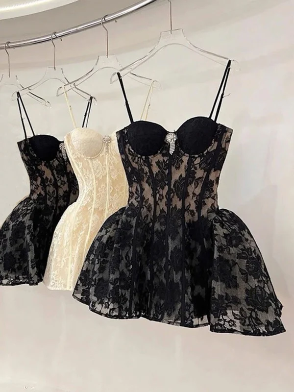Cute Ball Gown Spaghetti Straps Black Lace Short Formal 8th Grade Homecoming Dresses Middle School Cocktail Dress Hoco Outfits DH2626 - Deanwangkt