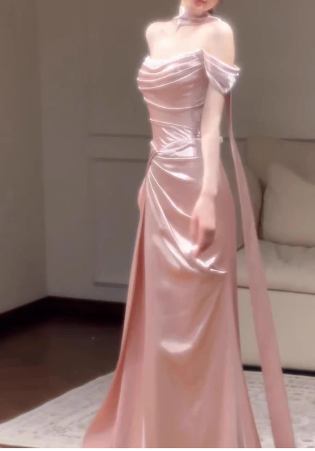 Elegant Sheath Off-the-shoulder Long Evening Gowns Satin Pink Special Formal Dresses Prom Dresses DP2780 - Deanwangkt