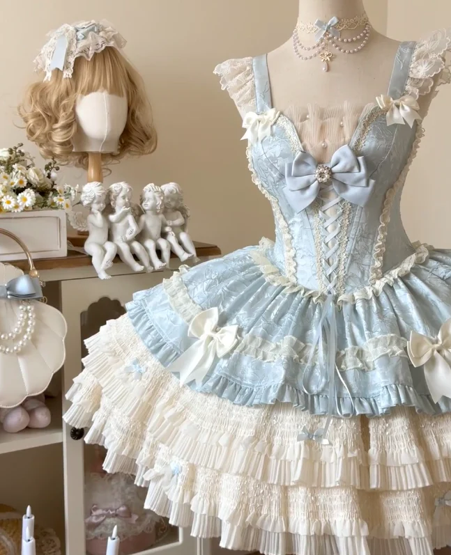 Sweet Strap Short Ball Gown Satin Chiffon Birthday Dresses Blue Lolita Dresses DP3323 - Deanwangkt