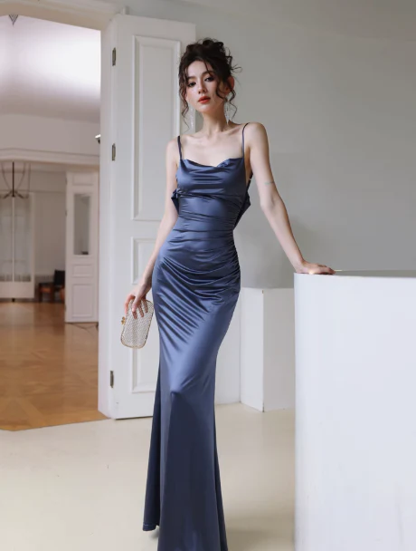 Elegant Spaghetti Straps Navy Blue Formal Dress Satin Bodycon Evening Gown Simple Backless Long Party Dress DH2705 - Deanwangkt