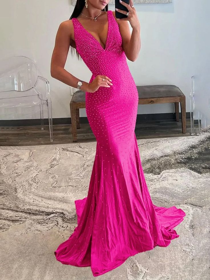 Pretty Mermaid Deep V-Neck Beaded Satin Long Prom Dresses DP280 - Deanwangkt