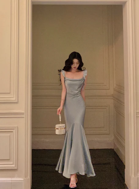 Vintage Mermaid Square Neckline Light Blue Satin Sleeveless 18th Birthday Dress Party Gown Birthday Outfits For Women DP0205 - Deanwangkt