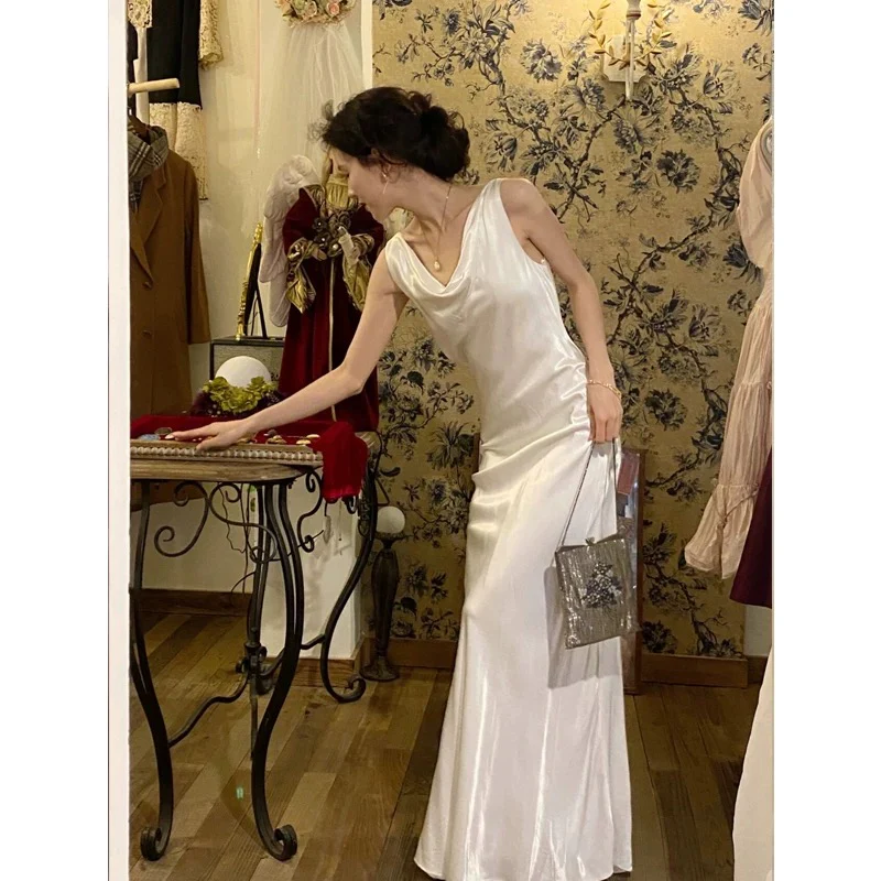 Vintage Wedding Dress Sheath Satin White Summer Beach Long Wedding Dresses Bridal Gowns W0759 - Deanwangkt