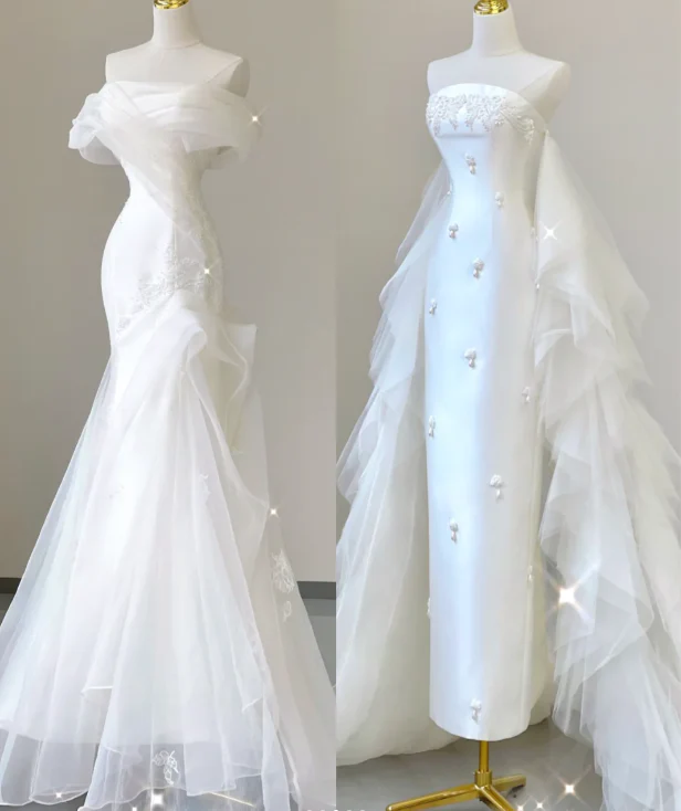 Unique Mermaid Off The Shoulder White Tulle Sweep Train Wedding Dresses Brides Dress P0029 - Deanwangkt