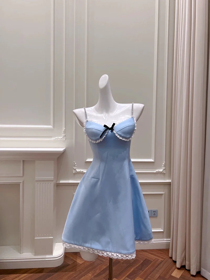 Trendy A line Spaghetti Straps Blue Formal Short 8th Grade Homecoming Dress Summer Middle School Hoco Dresses Cocktail Dress Birthday Outfits W956 - Deanwangkt