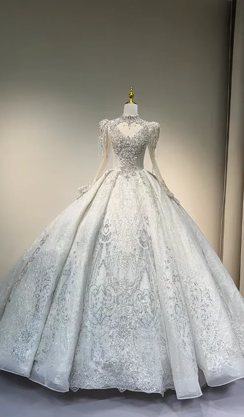 Gorgeous Ball Gown Beaded Long Wedding Dresses Tulle White Bridal Gowns Long Sleeve Bridal Dresses DP3764 - Deanwangkt