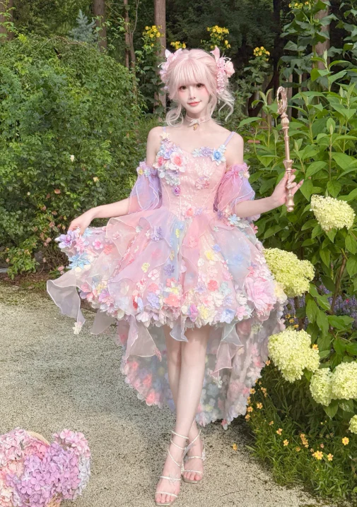 Fairy Spaghetti Strap Ball Gown Tulle Applique Birthday Dresses Pink Lolita Dresses DP3324 - Deanwangkt
