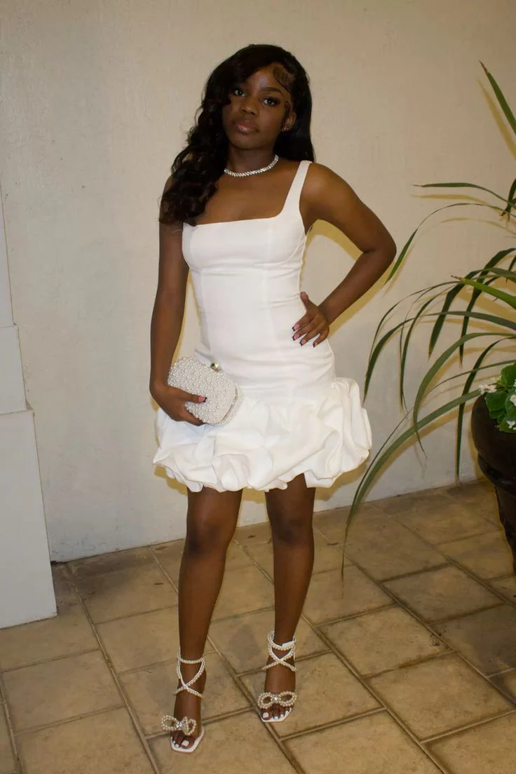 Sexy Sheath Straps White Satin Ruffles Short Summer Birthday Dress Hoco Dress Birthday Outfit 18th Birthday Mini Party Dresses DP1038 - Deanwangkt