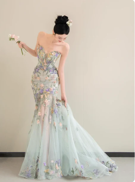 Fairy Mermaid Soft Green Long Prom Dresses Sweetheart Neck Tulle Applique Light Green Birthday Dresses DP3824 - Deanwangkt