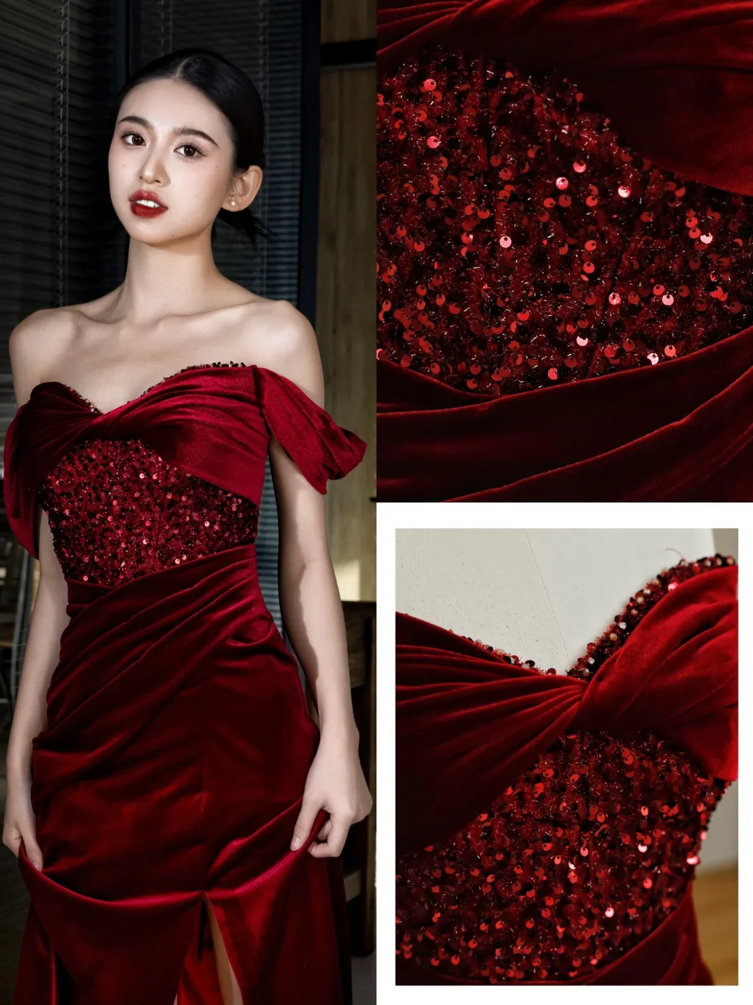 Elegant Glamour Mermaid Off The Shoulder Burgundy Velvet Long Prom Dresses Party Dress Evening Dress DP1560 - Deanwangkt