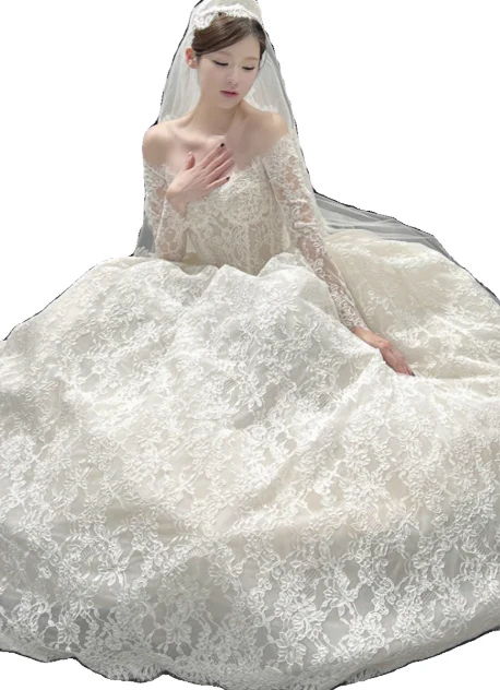 Modest Ball Gown Off-the-shoulder Bridal Dress White Tulle Lace Long Wedding Dress Elegant Applique Bridal Gowns DP2819 - Deanwangkt