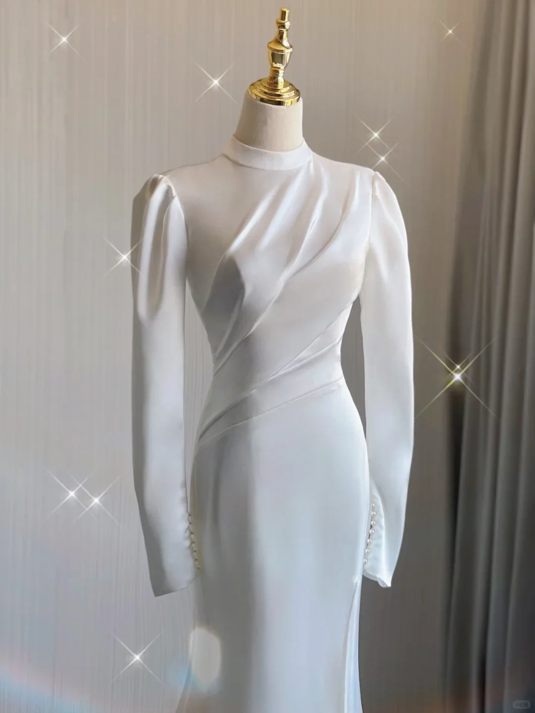 Simple Mermaid High Neckline Long Sleeves Satin White Wedding Dresses Bride Dress DP357 - Deanwangkt