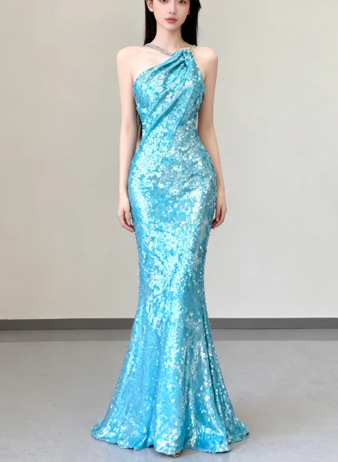 Classy Mermaid Spaghetti Straps Blue Sequin Evening Dress Long Prom Dresses P0005 - Deanwangkt