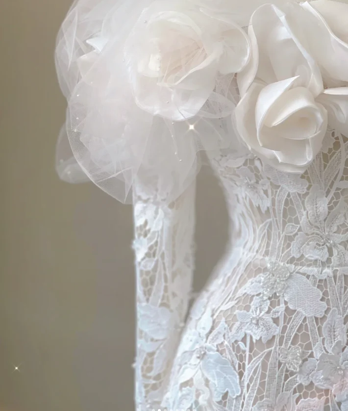 Classy Elegant Mermaid Off The Shoulder White Long Sleeves Flowers Wedding Dresses Brides Dress DP458 - Deanwangkt