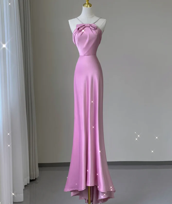 Pretty Mermaid Halter Sleeveless Pink Long Satin Prom Dresses Simple Evening Dresses DP452 - Deanwangkt