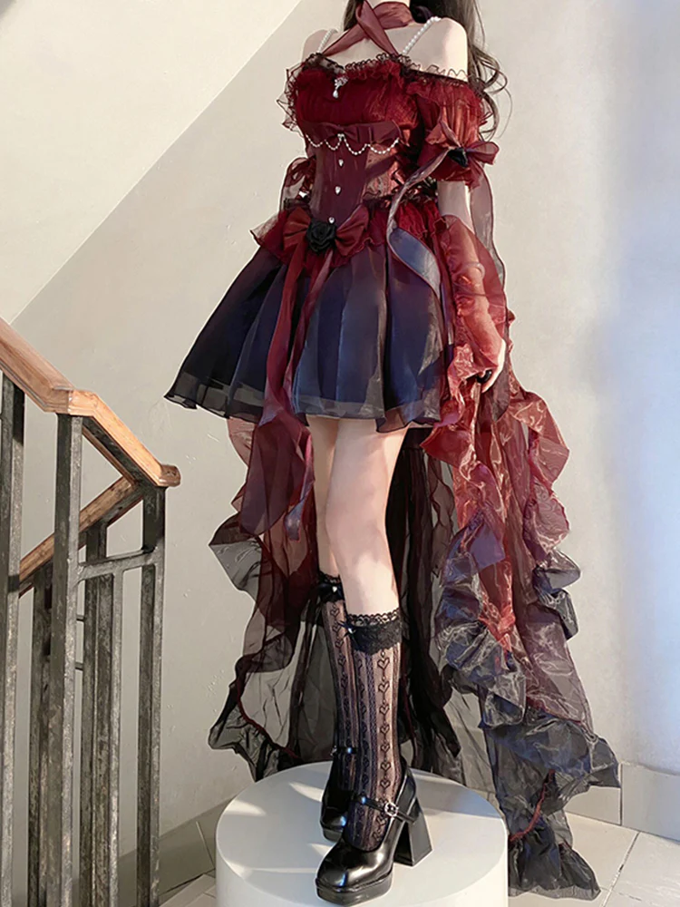 Vintage Ball Gown Off The Shoulder Short Sleeves 16th Burgundy Birthday Dress Lolita Dress Birthday Outfits DP0220 - Deanwangkt