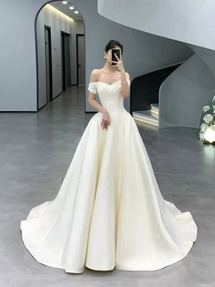 Timeless Bridal Gown Ball Gown Off The Shoulder White Short Sleeves Long Wedding Dresses Elegant Bridal Gowns DH909 - Deanwangkt