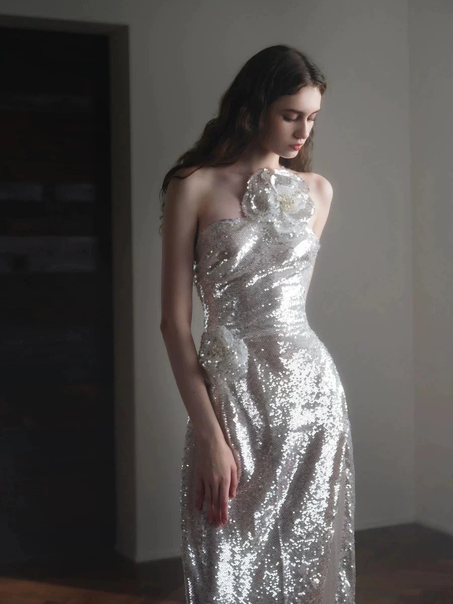 Classy Mermaid One Shoulder Silver Sequin Evening Dress Long Prom Dresses H2873 - Deanwangkt