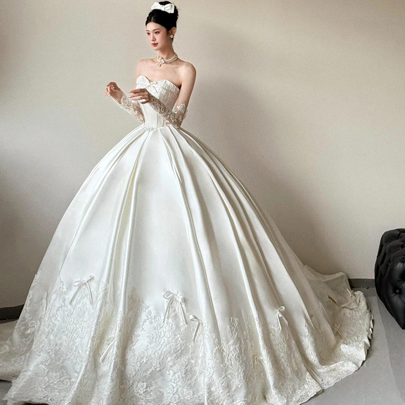Classy Elegant Wedding Dress Ball Gown Strapless Satin Lace Long Wedding Dresses Bridal Gowns DH748 - Deanwangkt
