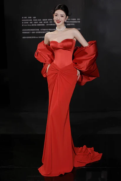 Glamour Red Mermaid Evening Gown Sweetheart Neck Formal Dress Satin Chiffon  Modest Long Prom Dresses DH2701 - Deanwangkt