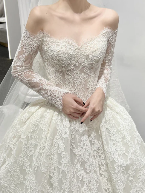 Modest Ball Gown Off-the-shoulder Bridal Dress White Tulle Lace Long Wedding Dress Elegant Applique Bridal Gowns DP2819 - Deanwangkt