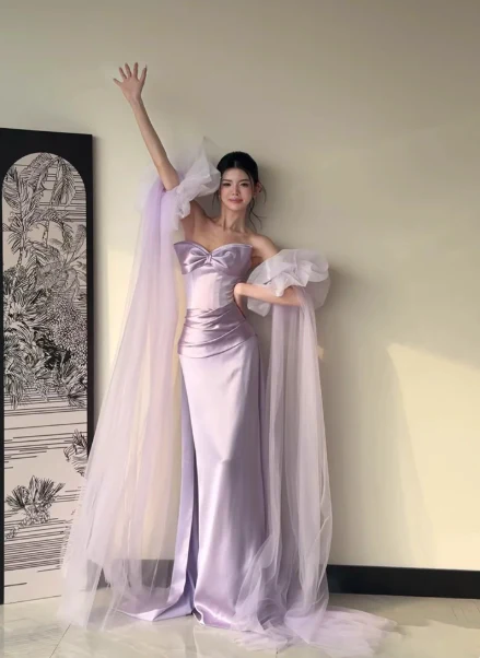 Modest Lavender Sheath Formal Evening Dress Satin Asymmetrical Neck Birthday Dress Elegant Graduation Dress DP2834 - Deanwangkt