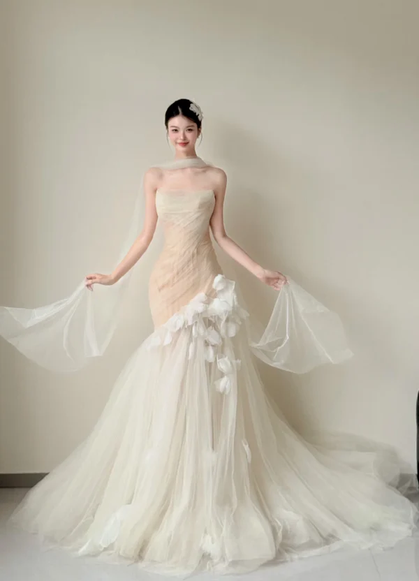 Modest Mermaid Tulle Wedding Dress, Spaghetti Straps Bridal Gowns DP3114 - Deanwangkt