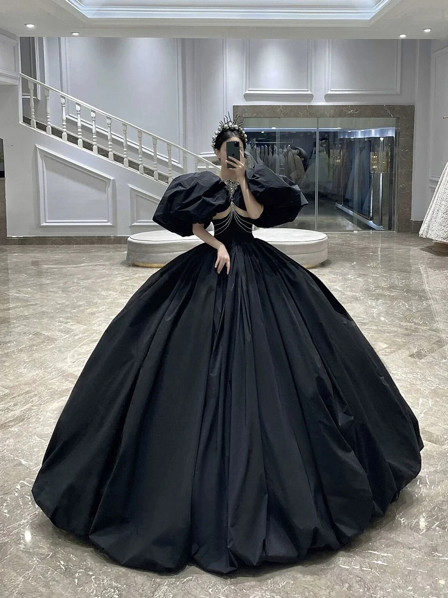 Classy Elegant Ball Gown Short Sleeves Beads Black Satin Long Prom Dresses H2899 - Deanwangkt
