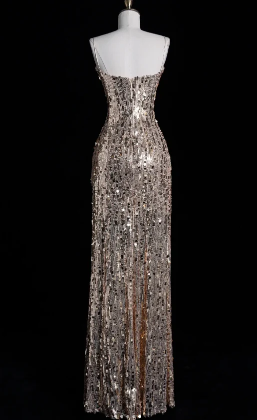 Elegant Spaghetti Strap Sheath Long Prom Dresses Sequins Champagne Evening Dresses DP3284 - Deanwangkt