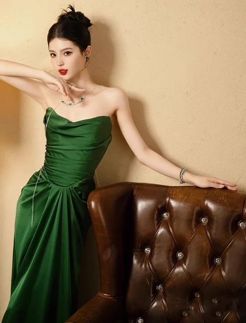 Elegant Strapless Sheath Long Prom Dresses Satin Dark Green Evening Dresses DP3802 - Deanwangkt