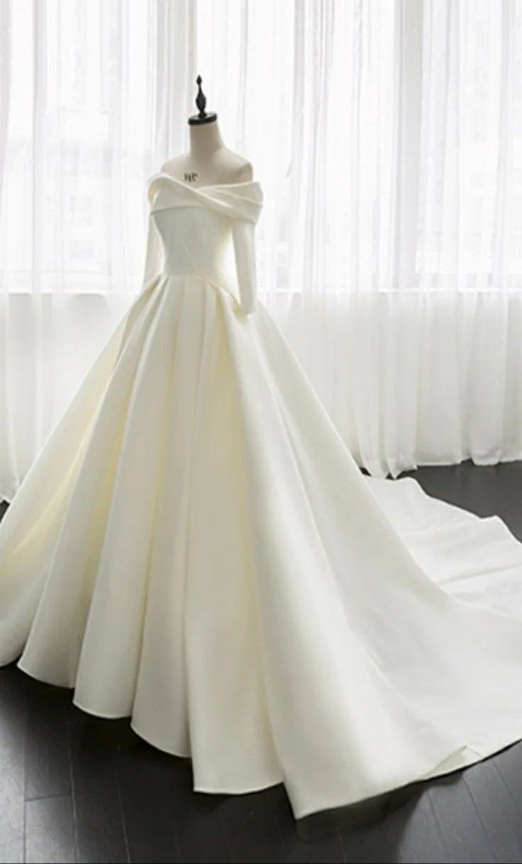 Princess Bridal Gown Ball Gown Off The Shoulder White Satin Long Wedding Dresses Elegant Bridal Gowns DH926 - Deanwangkt